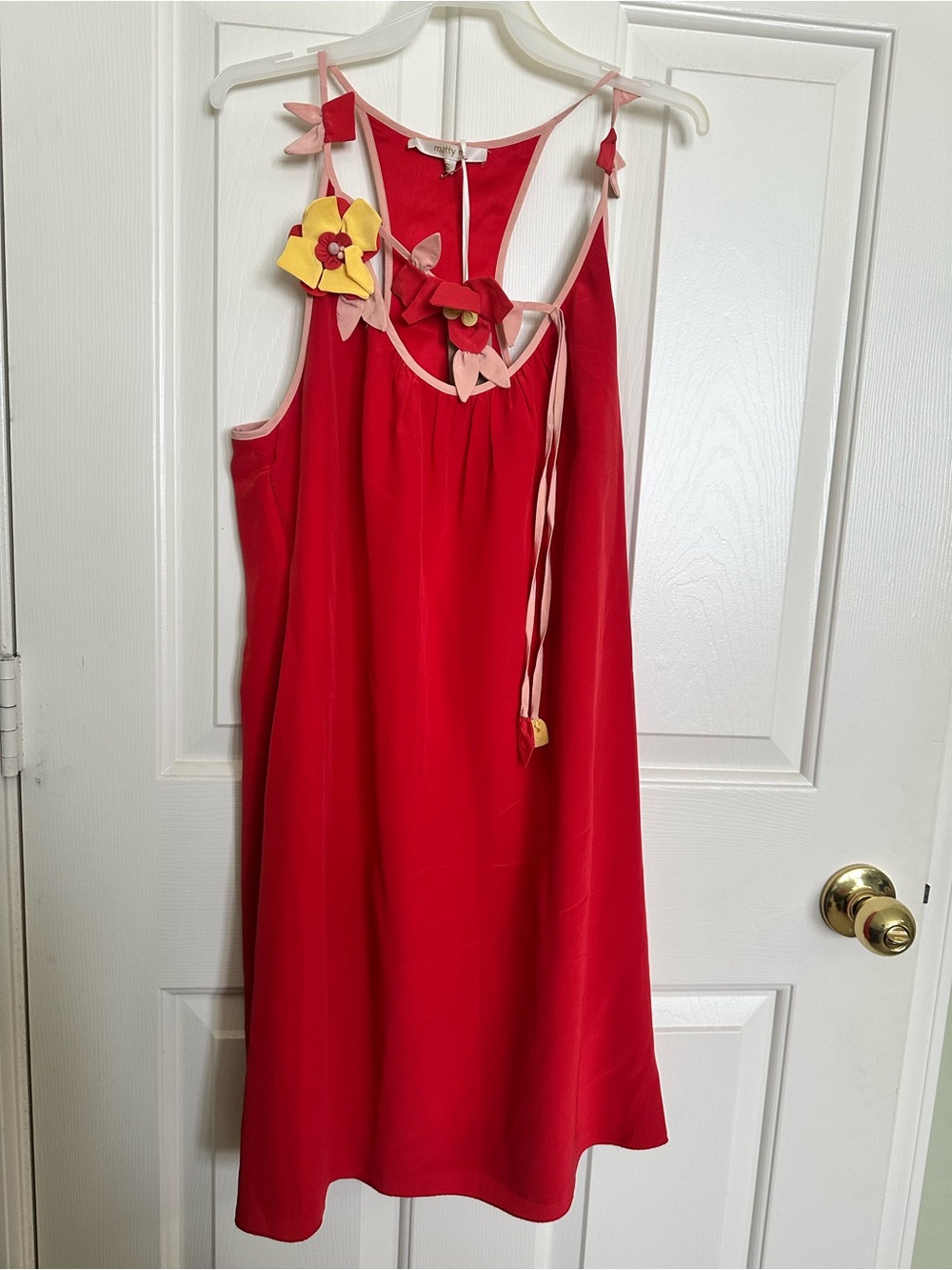 Matty M Silk Red Pink Floral Appliqué Accent halter mini Dress